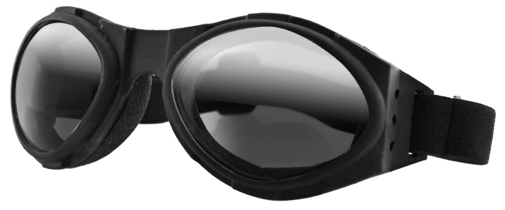 Bobster Bugeye Goggles in a matte black frame with smoke mirror lenses. Angled left side