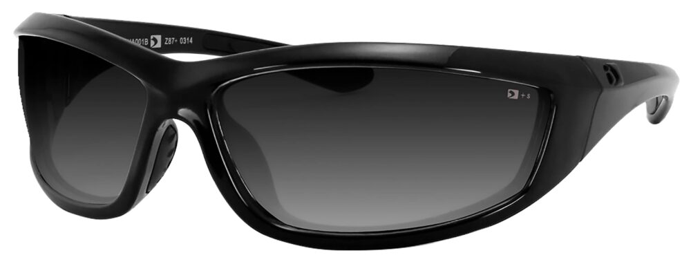 Bobster Charger Prescription Safety Sunglasses in a gloss black frame with smoke lenses. Angled left side