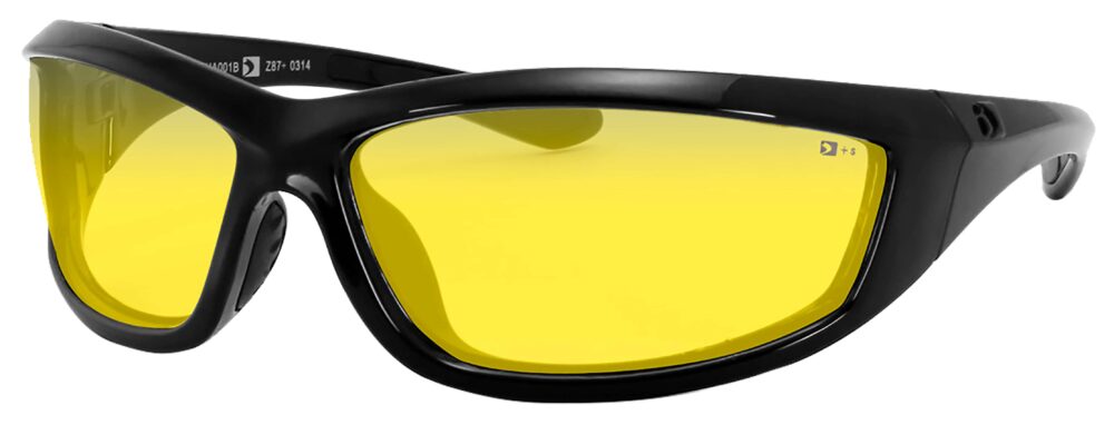 Bobster Charger Prescription Safety Sunglasses in a gloss black frame with yellow lenses. Angled left side