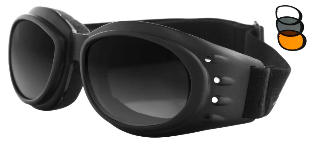 Bobster Cruiser 2 Goggles in a matte black frame with smoke, clear, amber interchangeable lenses. Angled left side