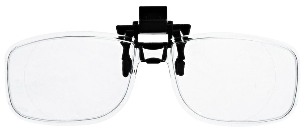 Clip on Magnifying Reading Glasses in Clear Lens, No clip, angled to the Front