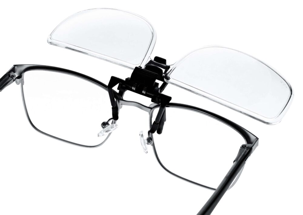 Clip on Magnifying Reading Glasses in Clear Lens, Angled to the Side Right