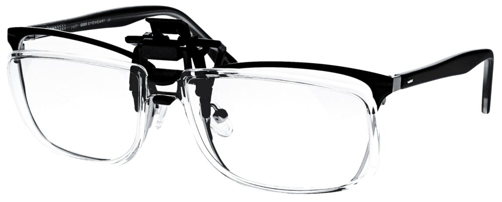 Clip on Magnifying Reading Glasses in Clear Lens, Angled to the Side Left