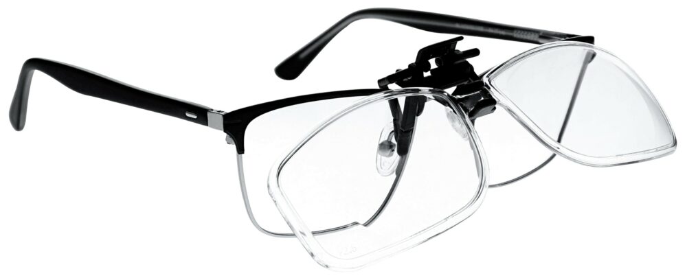 Clip on Magnifying Reading Glasses in Clear Lens, Angled to the Side Right