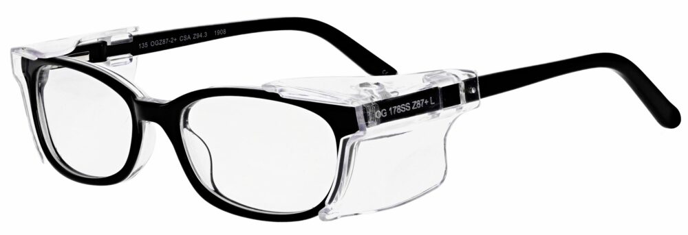OnGuard 108 Prescription Safety Glasses, in a Black Frame with Side Shields. Angled left side