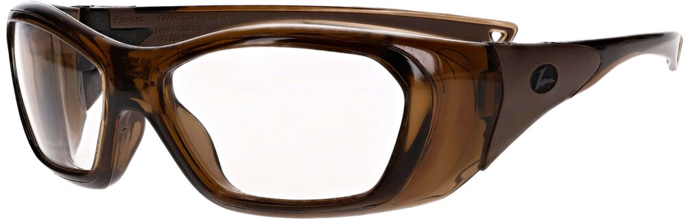 OG210S Prescription Safety Glasses in a Chestnut Brown Frame. Angled Left