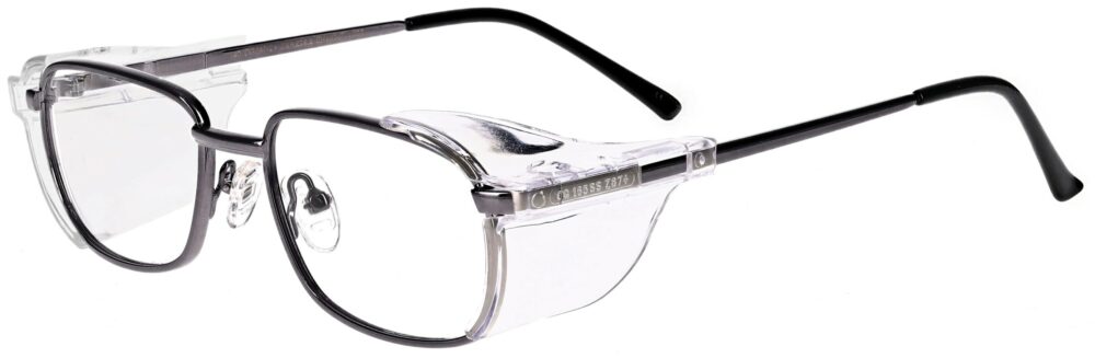 OnGuard 070 Prescription Safety Glasses, in a Gunmetal Frame with EZ Side Shields. Angled left side
