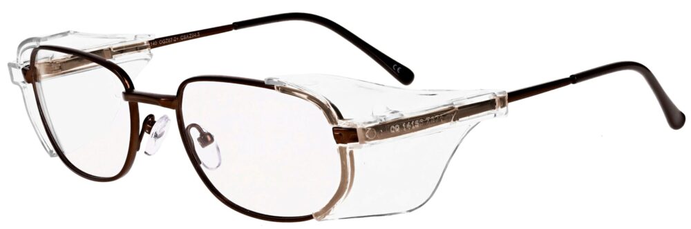 OnGuard 076 Prescription Safety Glasses, in an Antique Bronze Frame with EZ Side Shields. Angled left side