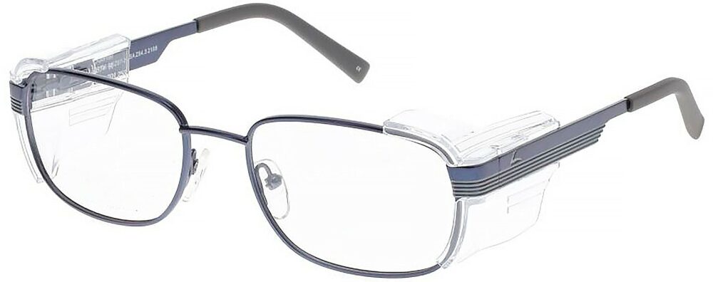 OnGuard 616 Prescription Safety Glasses, in a Matte Navy Frame with Side Shields. Angled left side