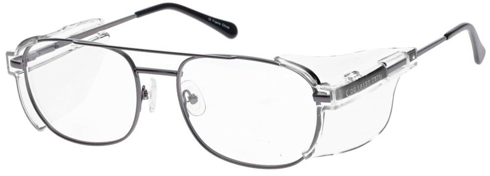 OnGuard SG 103 Prescription Safety Glasses, in a Charcoal Frame with Side Shields. Angled left side