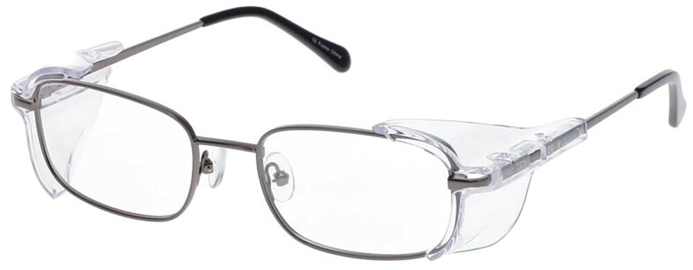 OnGuard SG 106 Prescription Safety Glasses, in a Charcoal Frame with Side Shields. Angled left side