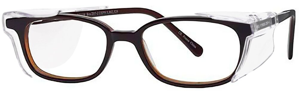 OnGuard SG 108 Prescription Safety Glasses, in a Black Brown Frame with Side Shields. Angled left side