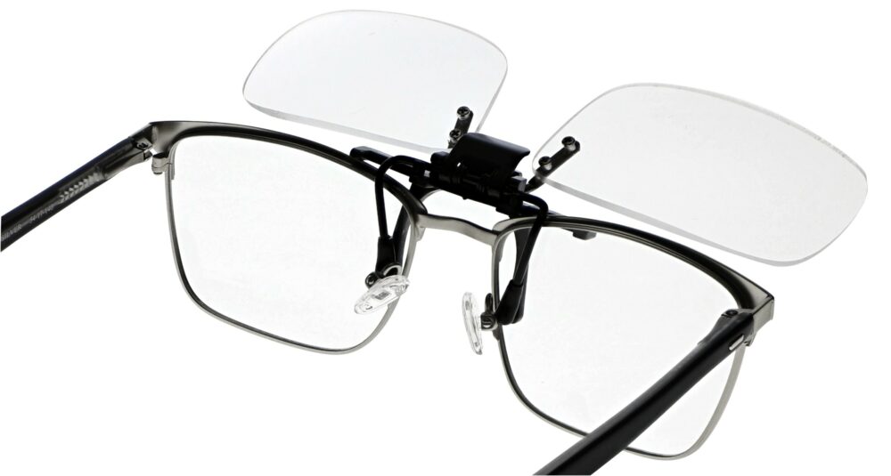 Small Clear Magnifying Clip On, Angled Rear Side Right Flipped Up