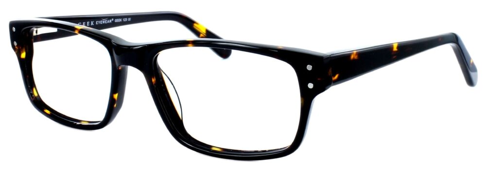Geek 123 Eyeglasses, Tortoise frame. Angled left