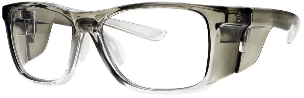Prescription Safety Glasses RX-15011, Crystal Faded Gray frame. Angle left