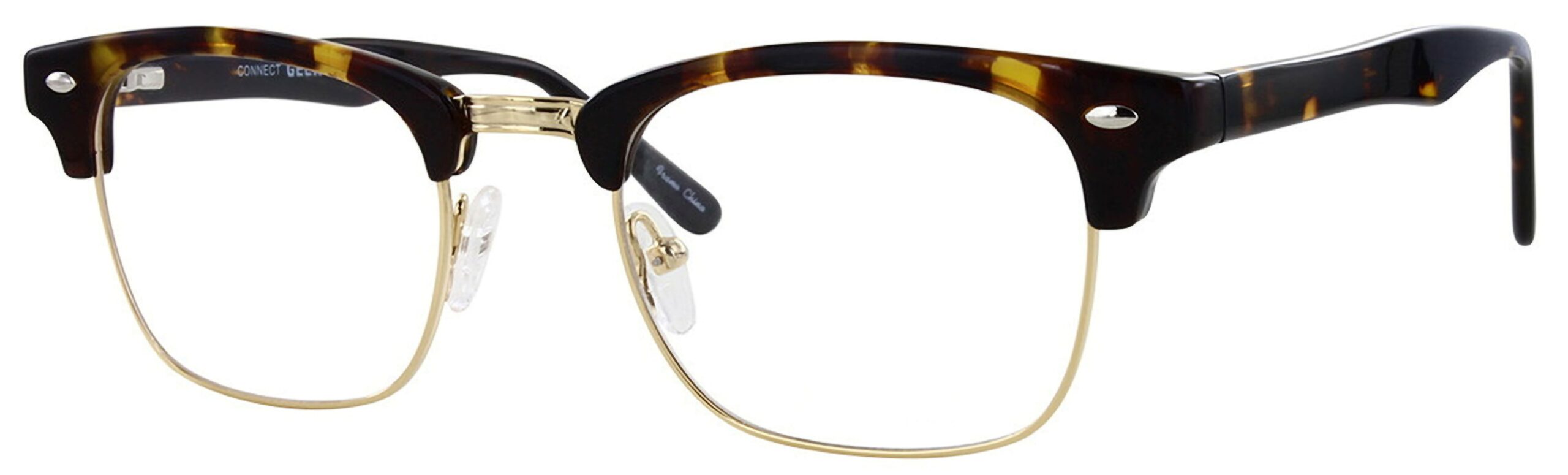 Geek Connect Eyeglasses, Tortoise and Gold frame. Angled left
