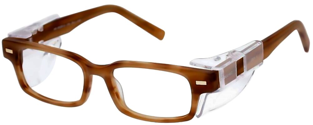 OnGuard 014 Prescription Safety Glasses, in a Matte Tortoise Frame with EZ Side Shields. Angled left side