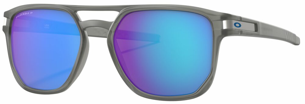 Oakley Latch Beta Sunglasses, Matte Gray Ink with Prizm Sapphire Polarized Lenses. Angled Left