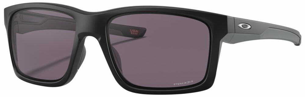 Oakley Mainlink XL Sunglasses in a Matte Black with Prizm Gray Lenses. Angled left