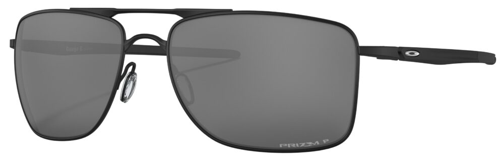Oakley Gauge 8 Sunglasses in a Matte Black frame with Prizm Black Polarized lenses. Angled Left