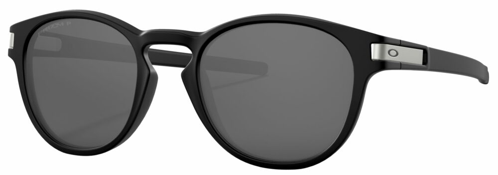 Oakley Latch Asian Fit Sunglasses in a Matte Black with Prizm Black Iridium Polarized Lenses. Angled Left