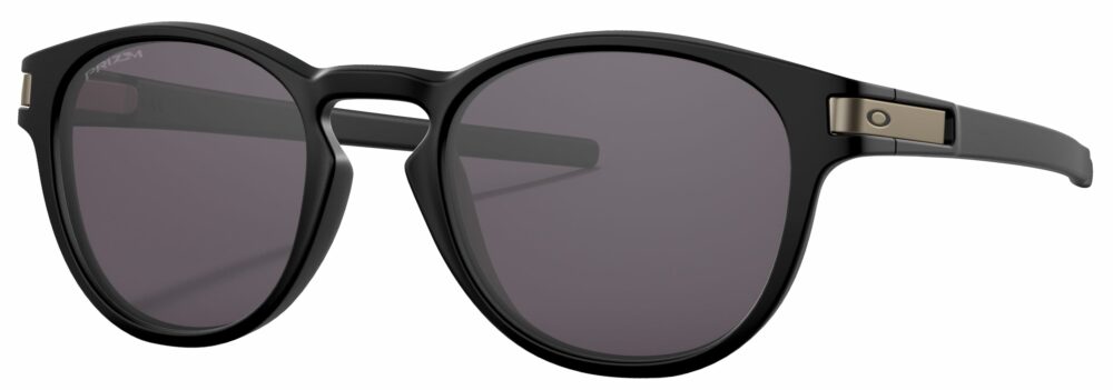 Oakley Latch Asian Fit Sunglasses in a Matte Black with Prizm Gray Lenses. Angled Left