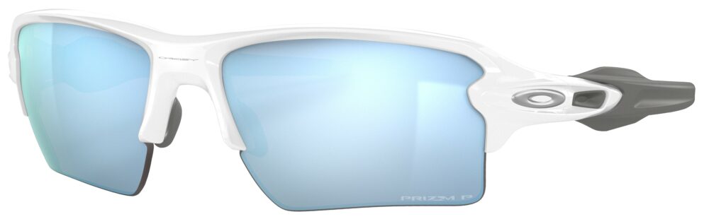 Oakley Flak 2.0 XL in a Polished White frame with PRIZM deep water Polarized lens. Angled left side