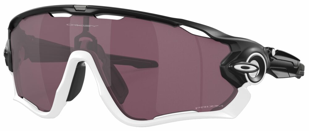 Oakley Jawbreaker Sunglasses in a Matte Black with Prizm Road Black Lens. Angled Left