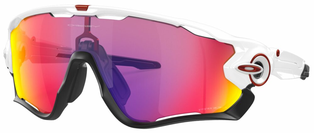 Oakley Jawbreaker Sunglasses in a Polished White with Prizm Road Lens. Angled Left