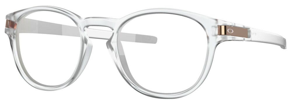 Oakley Latch Glasses in a Matte Clear Frame. Angled left
