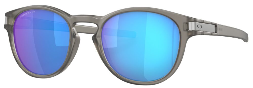 Oakley Latch Sunglasses in a Matte Gray Ink with Prizm Sapphire Polarized Lenses. Angled left