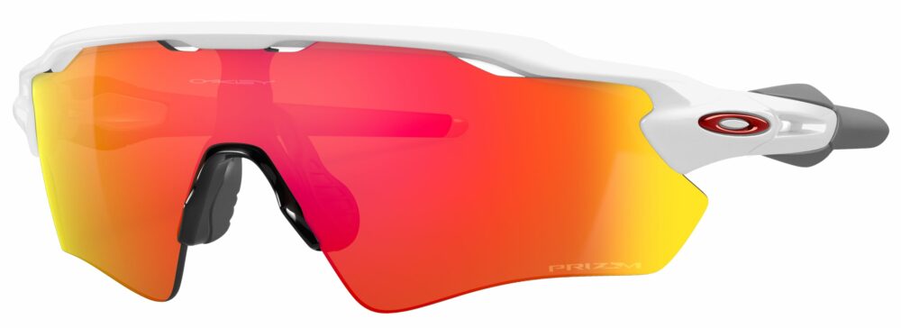 Oakley Radar EV Path Sunglasses, Polished White with Prizm Ruby Lenses. Angled Left