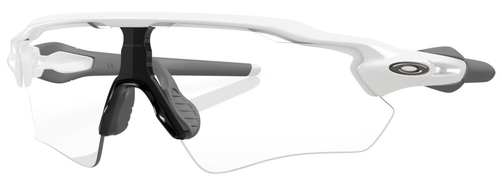 Oakley Radar EV Path Sunglasses, Polished White with Clear Lenses. Angled Left