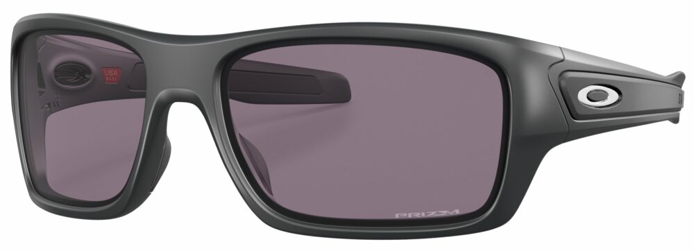 Oakley Turbine Sunglasses, Matte Carbon with Prizm Gray Lenses. Angled left