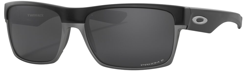 Oakley Two Face Sunglasses, Matte Black and Gray with Prizm Black Polarized Lenses. Angled left