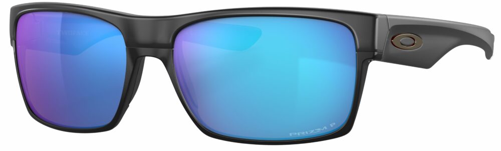 Oakley Two Face Sunglasses, Matte Black with Prizm Sapphire Polarized Lenses. Angled left