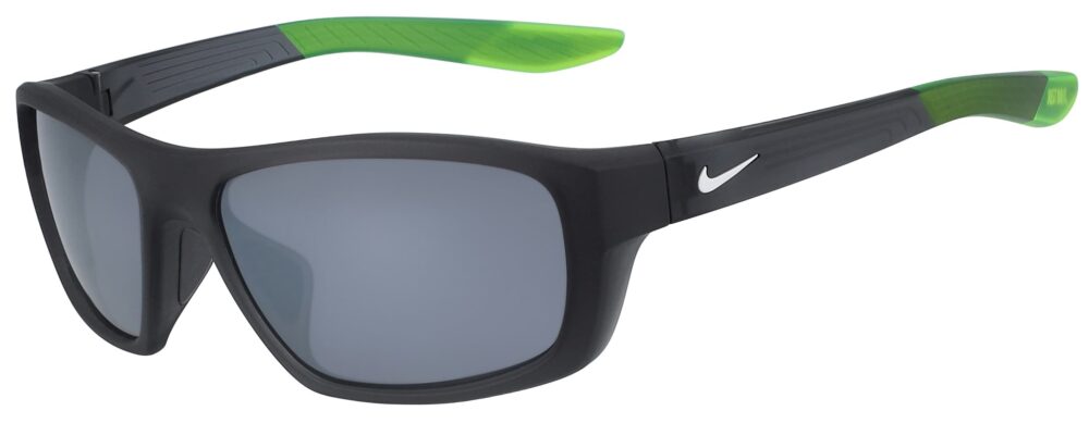 Nike Brazen Boost in Matte Dark Grey and White Frame with Silver Flash Lens, Angled to the Side Left
