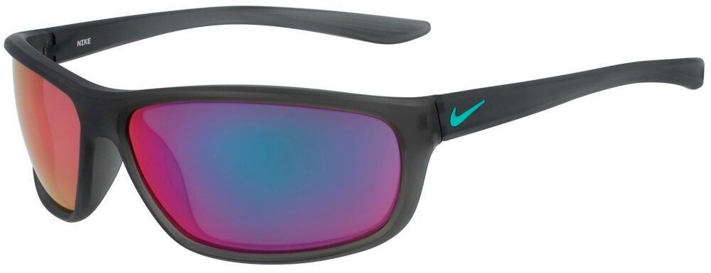 Nike Dash in Matte Anthracite Grey Frame with Teal Mirror Lens, Angled to the Left Side