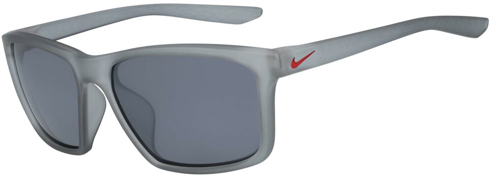 Nike Valiant Sunglasses in Matte Wolf Grey/University Red Frame with Silver Flash Lens, Angled to the Side Left