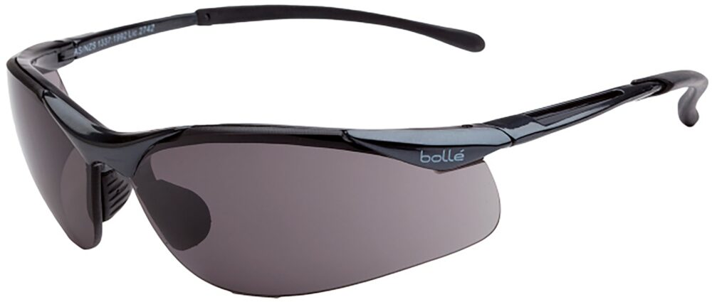 Bolle Contour Safety Glasses in a Dark Gunmetal Frame with Smoke Lens. Angled Left Side