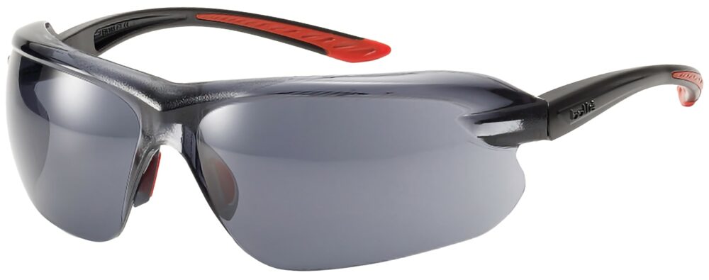 Bolle IRI-S Bifocal Safety Glasses in Black and Red Frame with Smoke Lens, Angled to the Left Side, BO-IRI-S