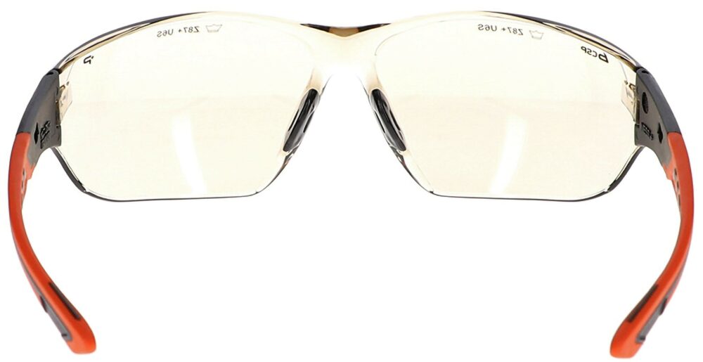 Bolle Ness+ Safety Glasses in a Black and Orange Frame with Copper CSP Platinum Lens; Angled Rear