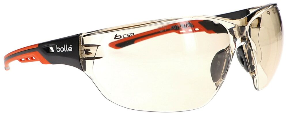 Bolle Ness+ Safety Glasses in a Black and Orange Frame with Copper CSP Platinum Lens; Angled Right