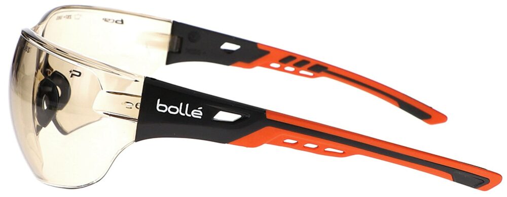Bolle Ness+ Safety Glasses in a Black and Orange Frame with Copper CSP Platinum Lens; Left Side