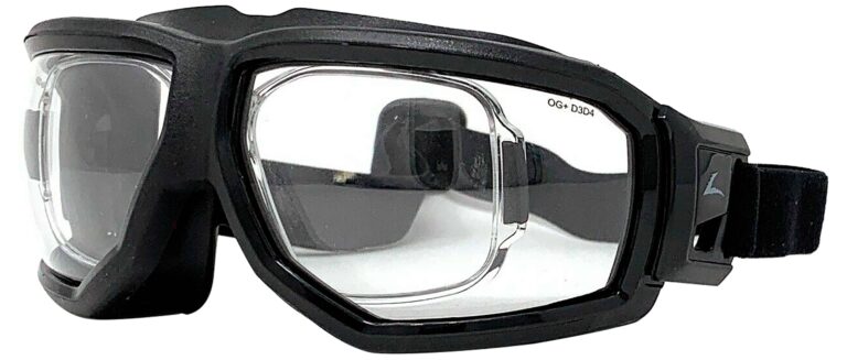 OnGuard 800 Prescription Safety Goggle in a Black Frame with Strap. Angled Left