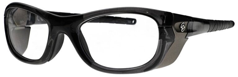 RX Q100 Prescription Safety Glasses in Black Frame with Clear Lens, Angled Left. RX-Q100-BK