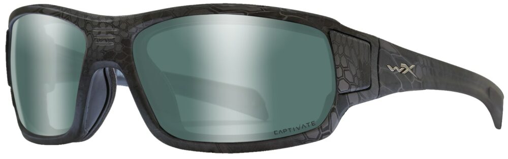 Wiley X Breach in Kryptek® Typon™ Frame with Captivate Polarized Platinum Flash Lens, Angled to the Side Left