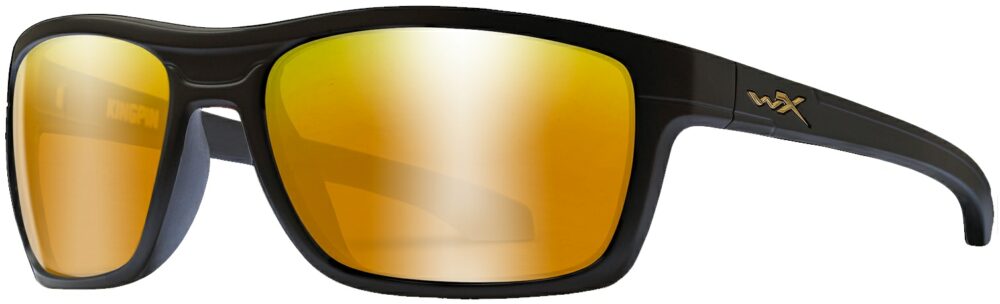 Wiley X Kingpin Matte Black Frame with Polarized Venice Gold Mirror Lens, Angled to the Side Left