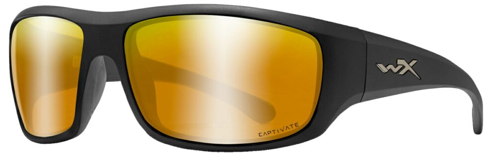 Wiley X Omega in Matte Black Frame with Captivate Bronze Mirror Lenses, Angled to the Side Left, WX-ACOME04