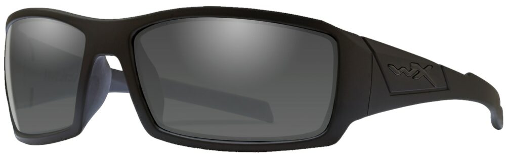 Wiley X Twisted in Black Ops Matte Black Frame with Smoke Grey Lens, Angled to the Side Left